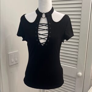 NWT Black Lace-Up Choker Neck Cutout Top